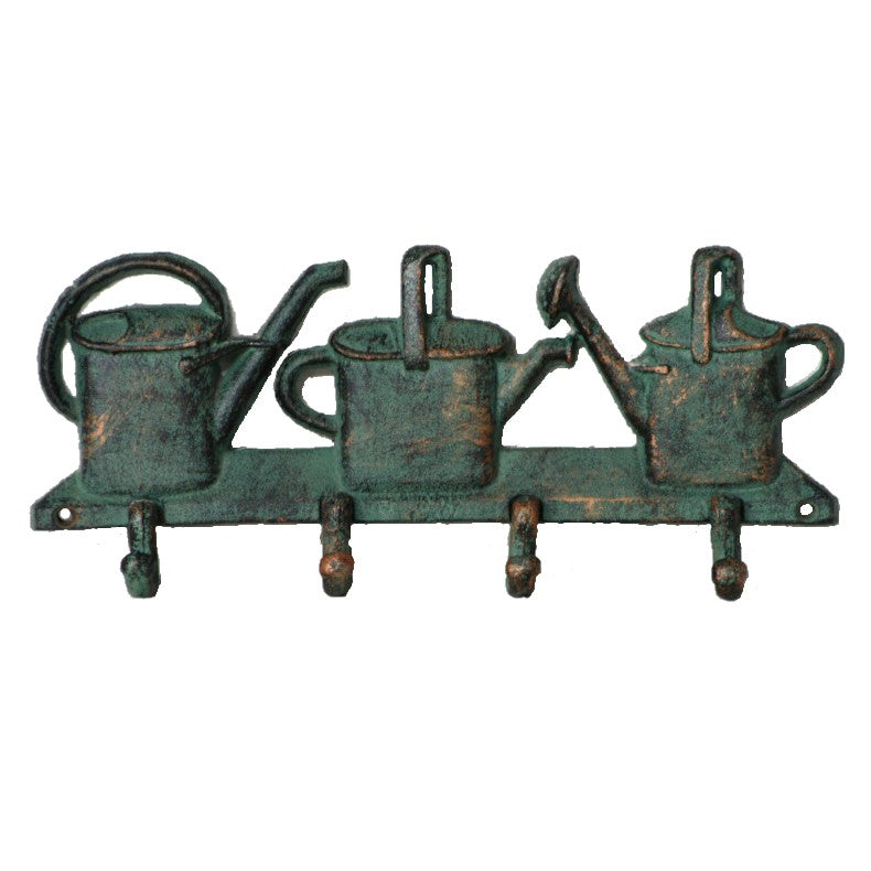 Watering Cans 4 Hooks Cast Iron Wall Hanging - Verdigris