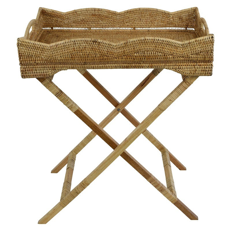 Wavy Edge Rattan Butler's Tray with Stand - Natural