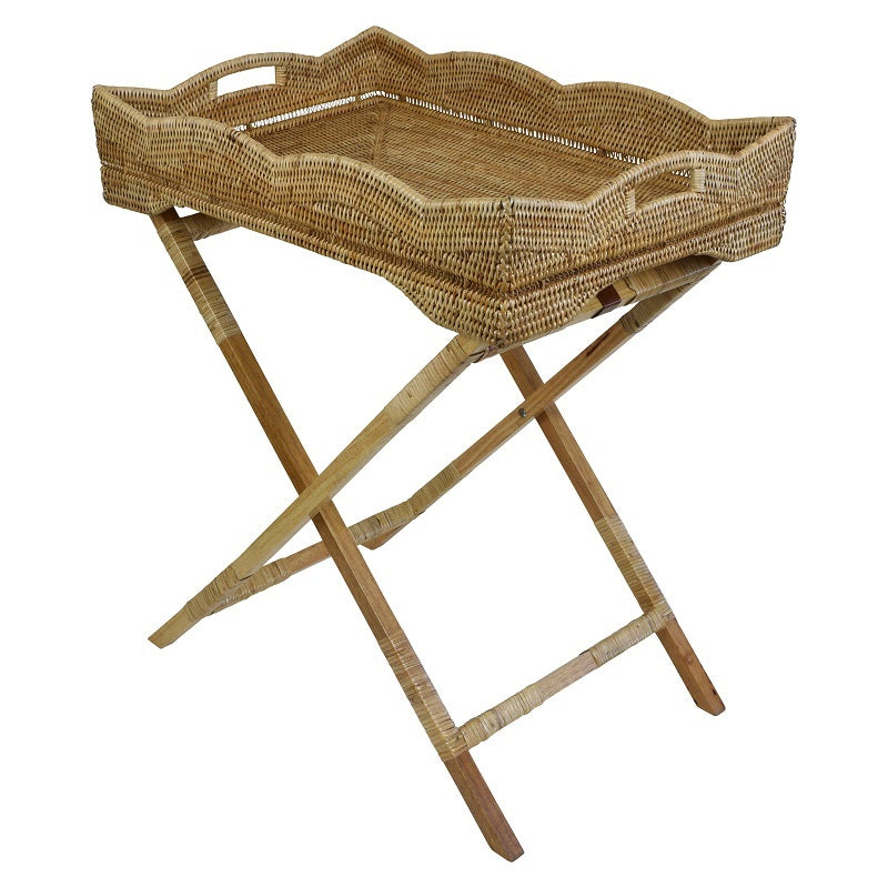 Wavy Edge Rattan Butler's Tray with Stand - Natural