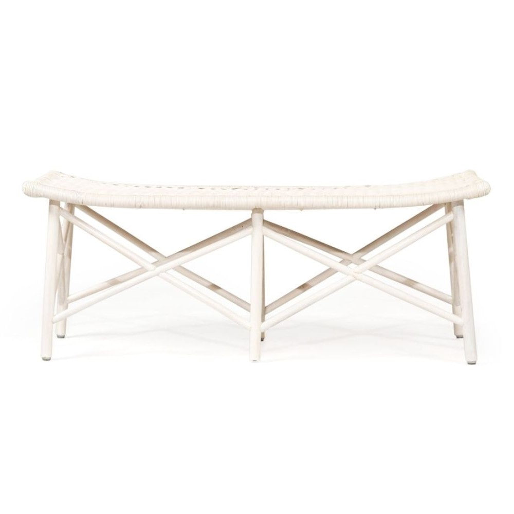 Wavy Modern Coastal Style Rattan Bench - White