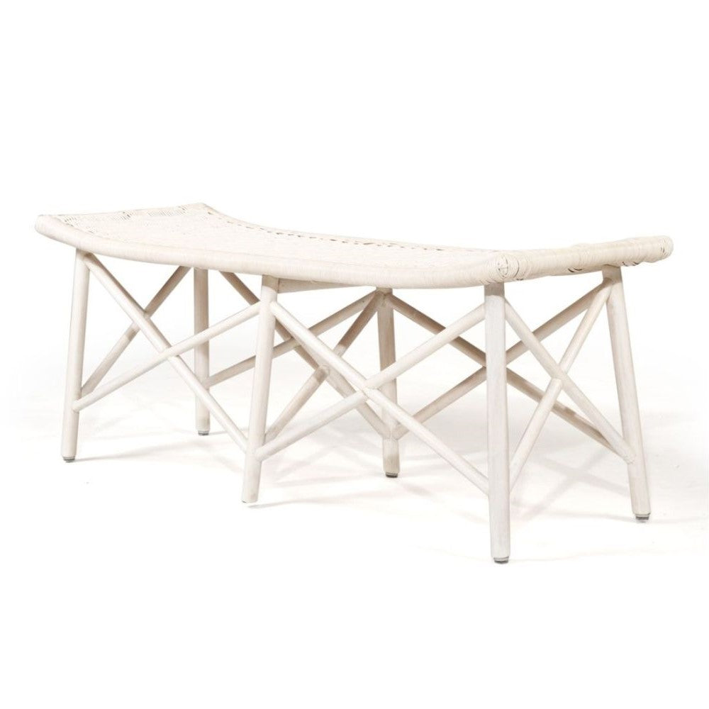 Wavy Modern Coastal Style Rattan Bench - White