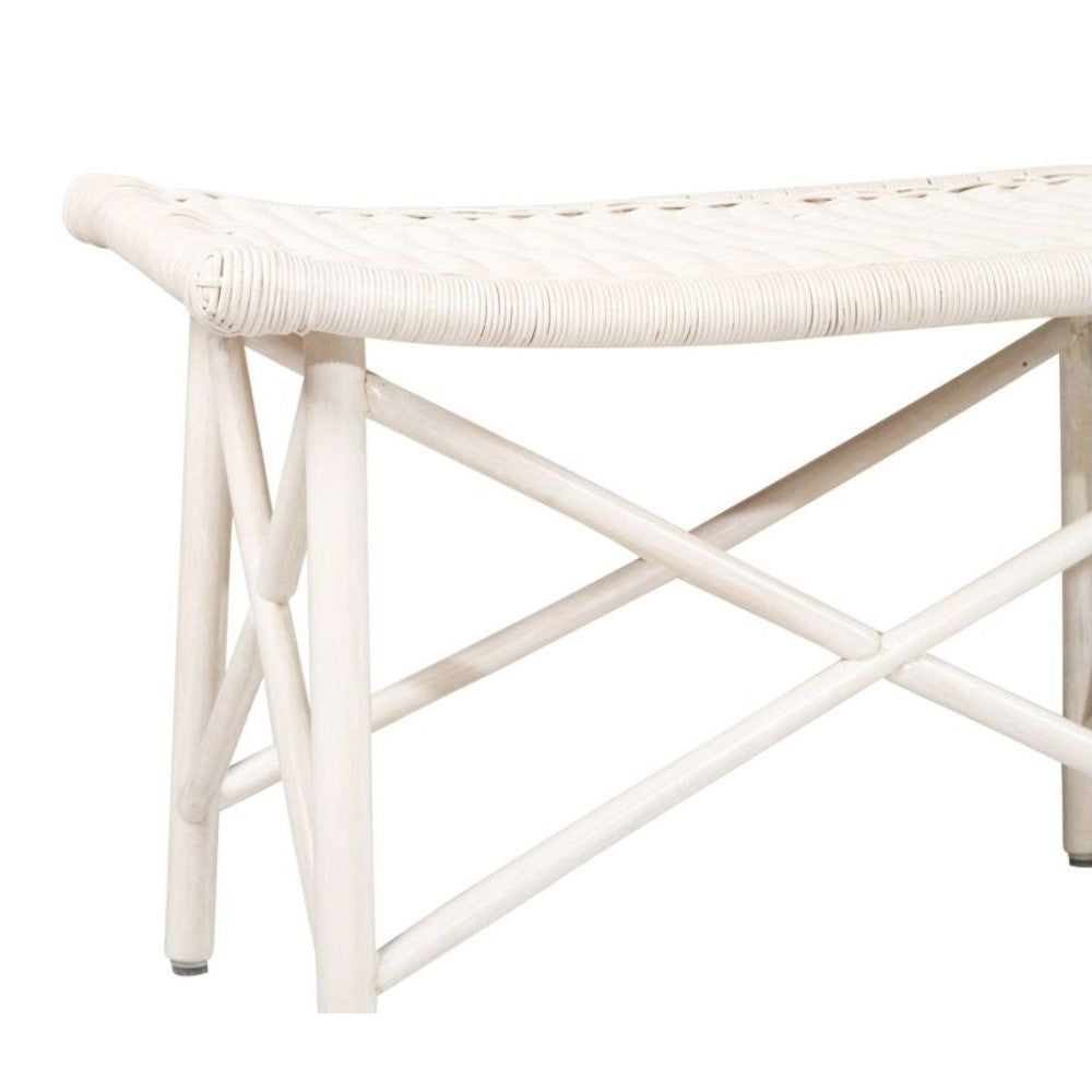 Wavy Modern Coastal Style Rattan Bench - White