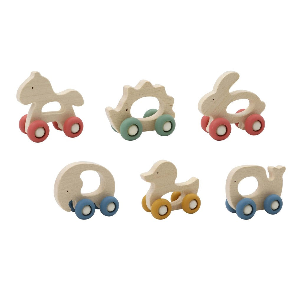 Wooden Animals Pull Toy With Silicone Wheels Set of 6