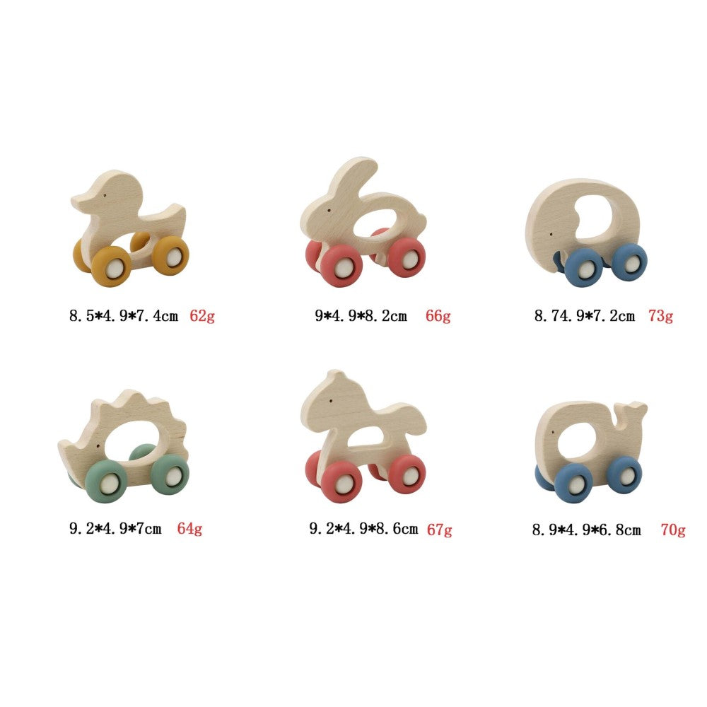 Wooden Animals Pull Toy With Silicone Wheels Set of 6