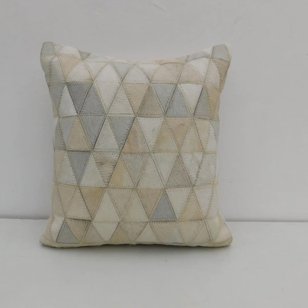 White Handmade Patched Cowhide Cushion Cover 40 x 40cms