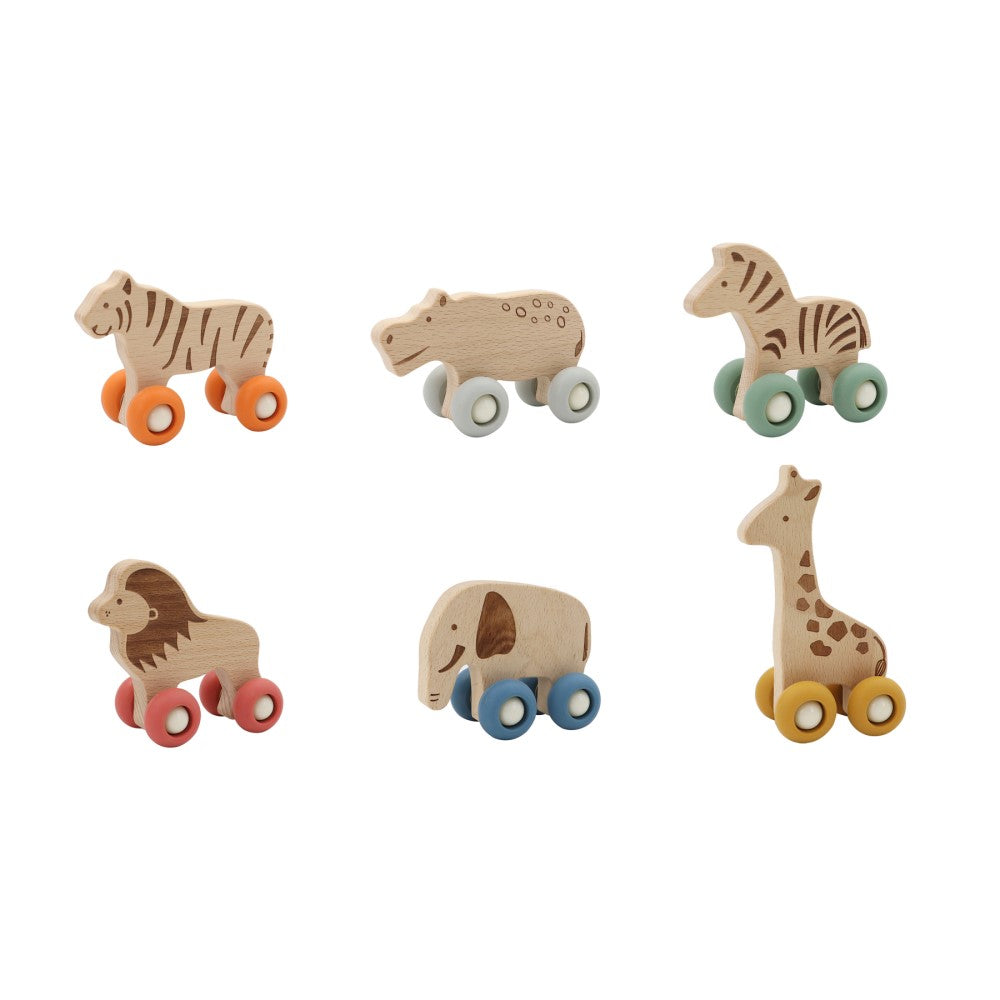 Wooden Animal Pull Toy With Silicone Wheels - Set of 6 (Bulk Buy)