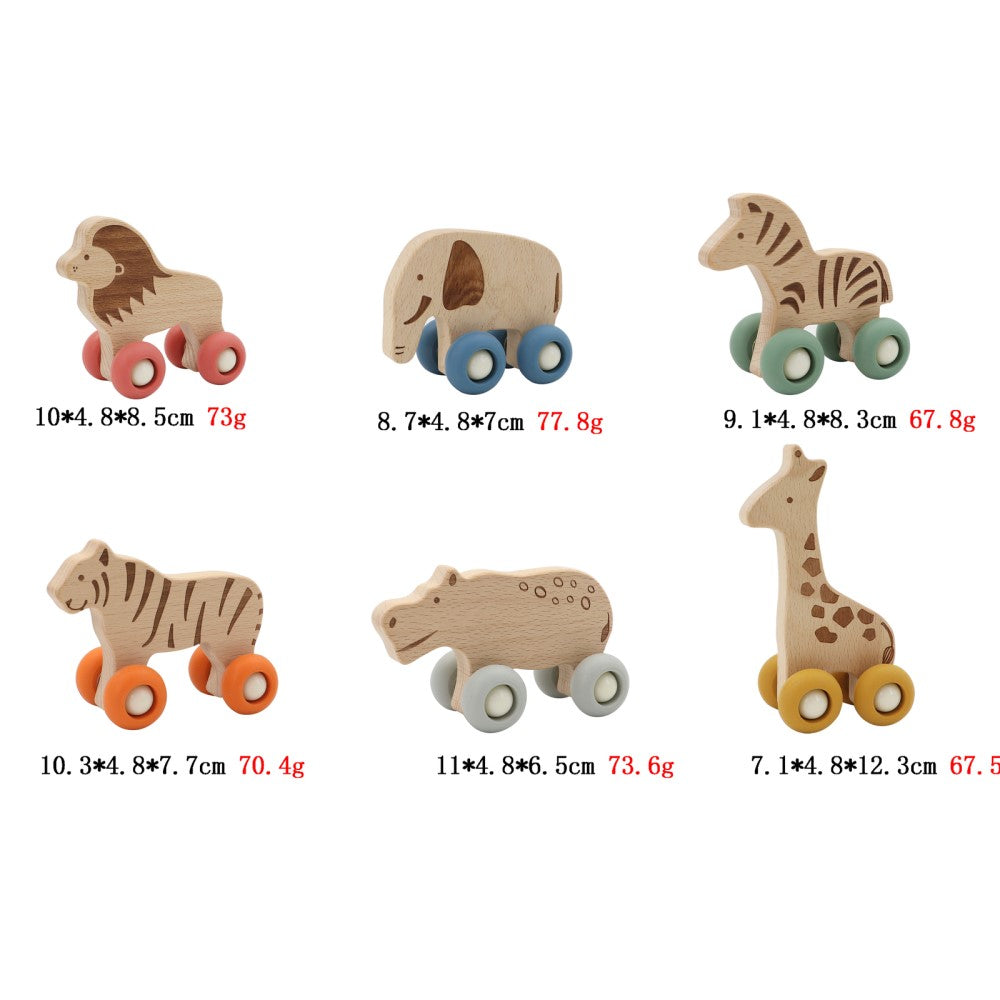 Wooden Animal Pull Toy With Silicone Wheels - Set of 6 (Bulk Buy)