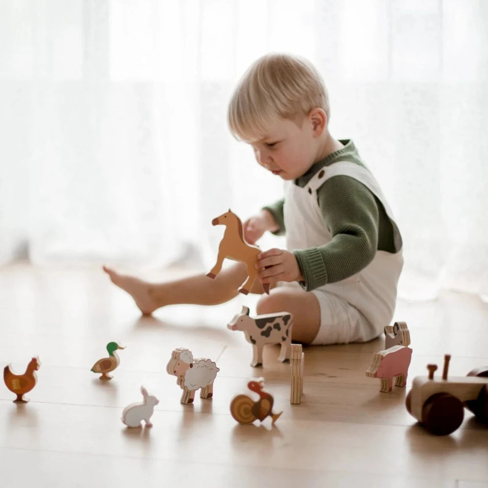 Wooden Farm Animals & Tractor Set