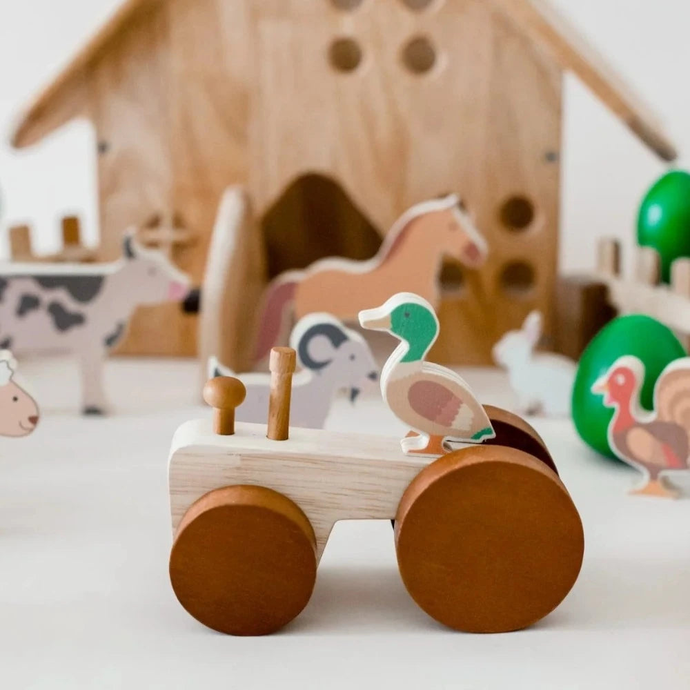 Wooden Farm Animals & Tractor Set