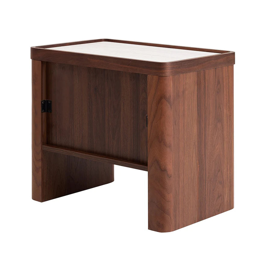 Wooden Glass Top Bedside Table - Walnut