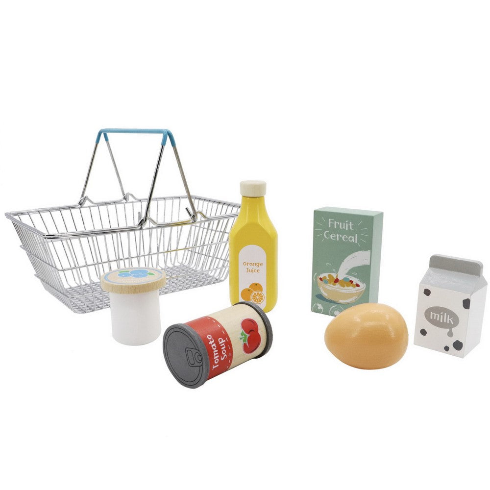 Wooden Grocery Items In Metal Shopping Basket