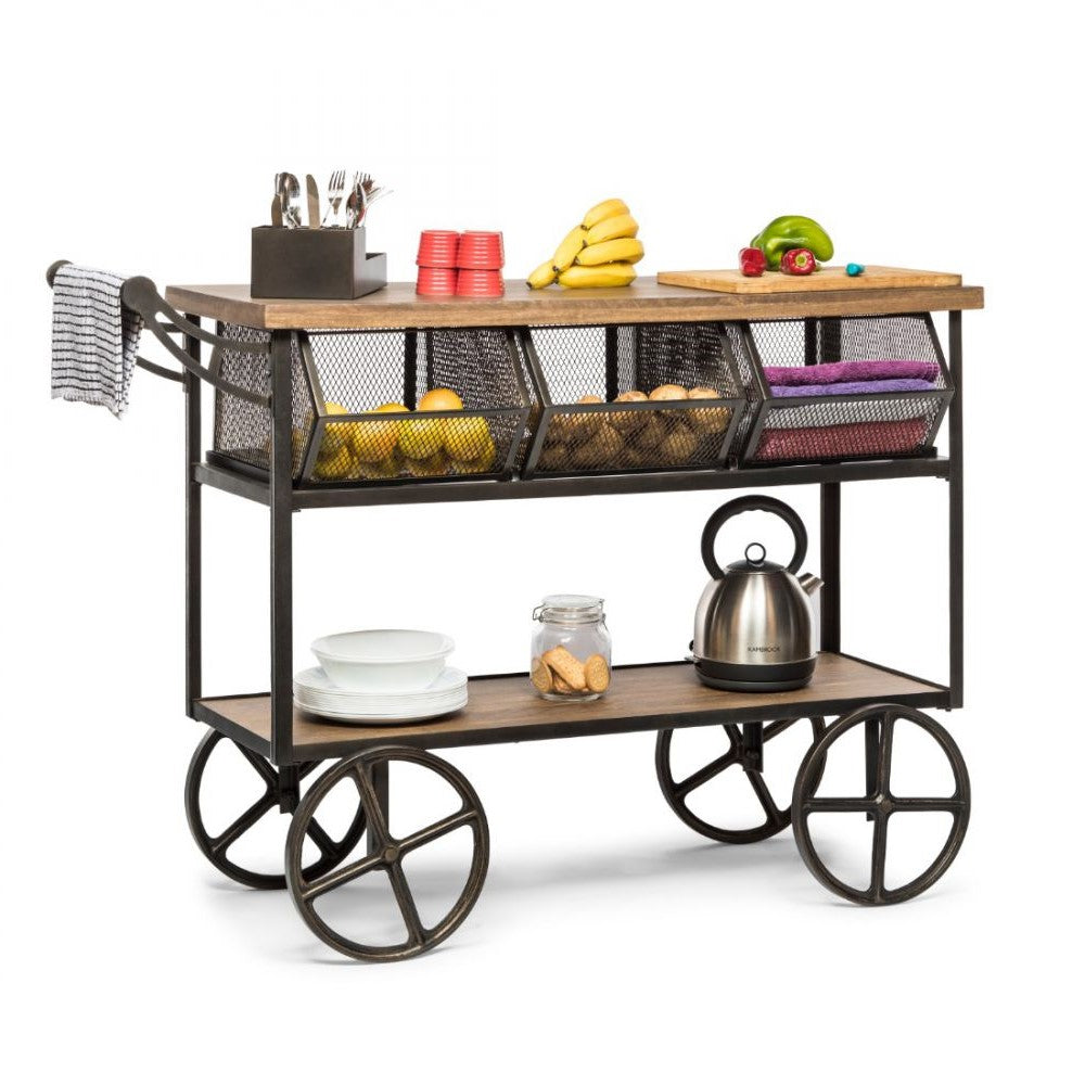 Wooden Kitchen Island Cart on Wheels - 3 Baskets