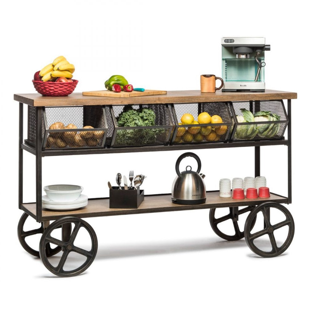 Wooden Kitchen Island Cart on Wheels - 4 Baskets