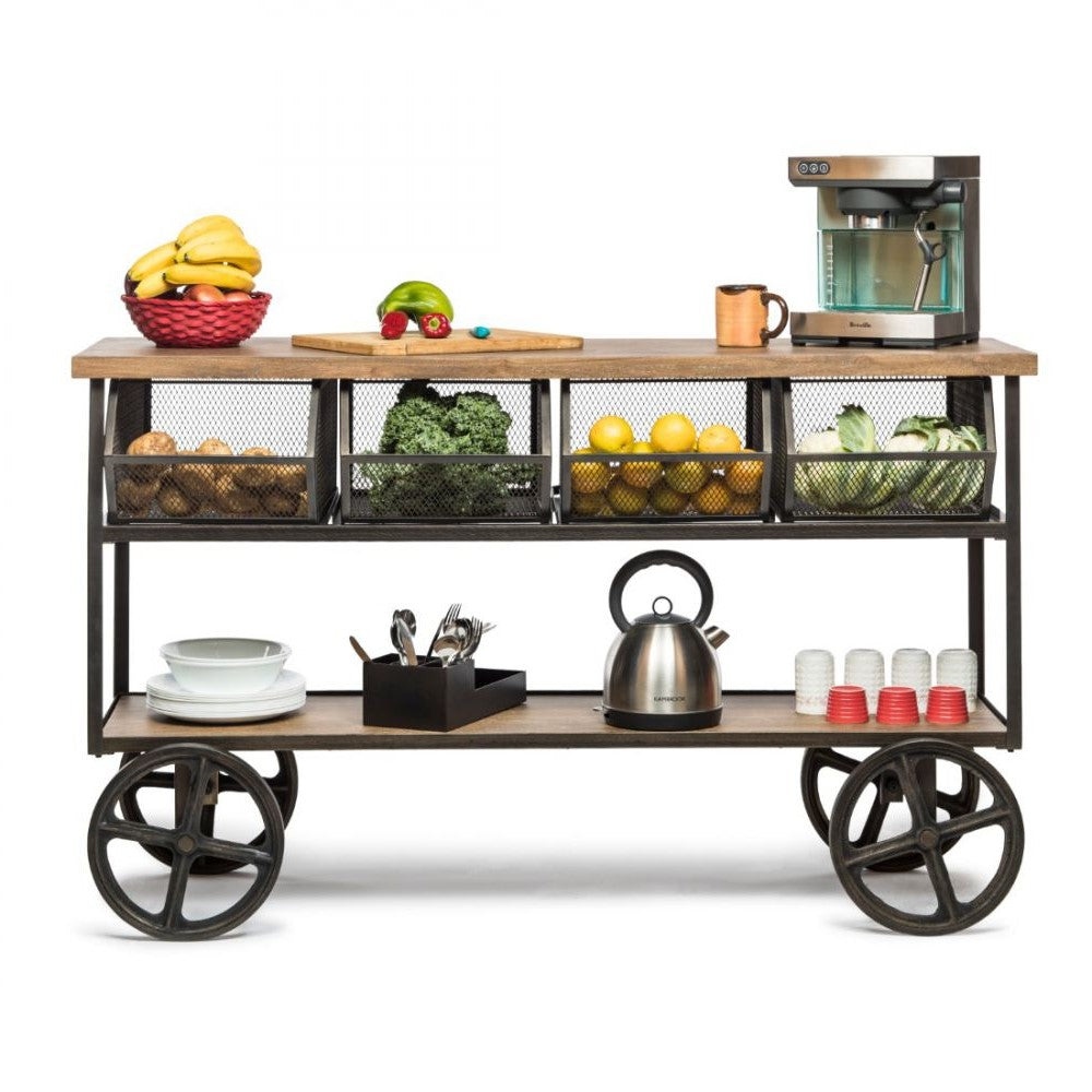 Wooden Kitchen Island Cart on Wheels - 4 Baskets