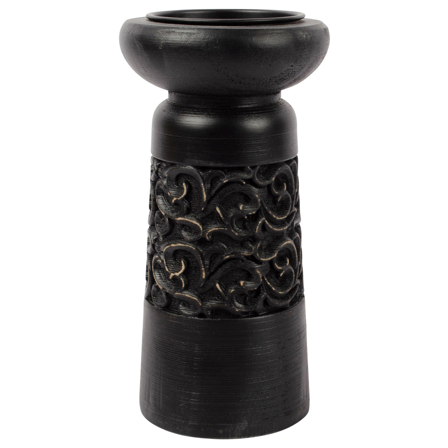 Wooden Nero Carved Pillar Candleholder - 12x23cms