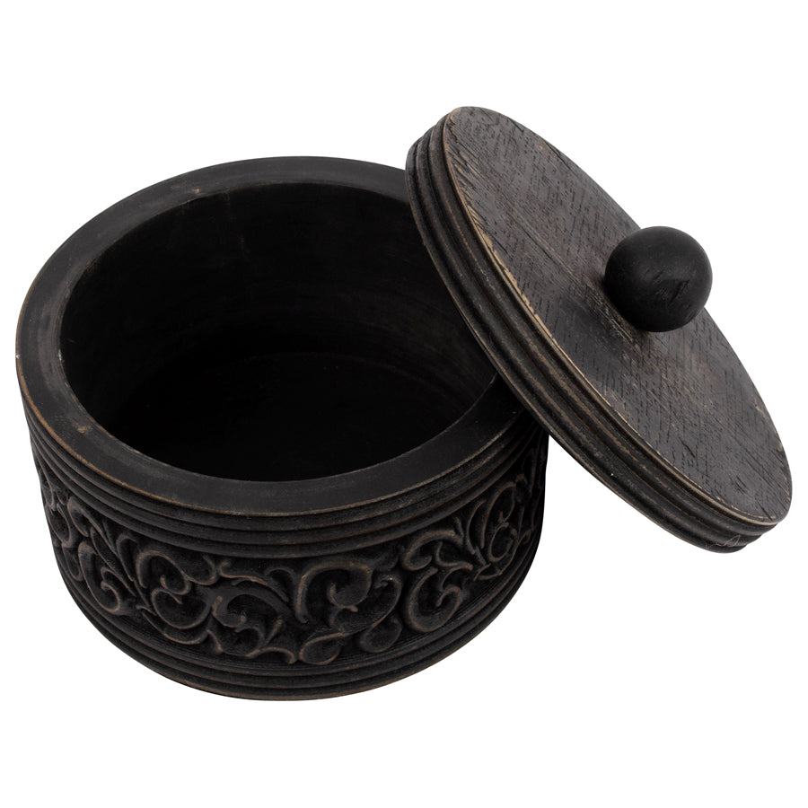 Wooden Nero Round Carved Trinket Box with Lid - 17x17x14cms