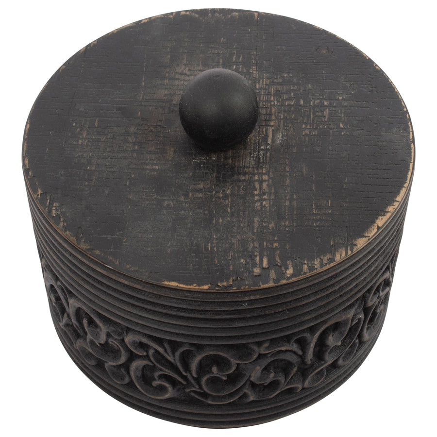 Wooden Nero Round Carved Trinket Box with Lid - 17x17x14cms