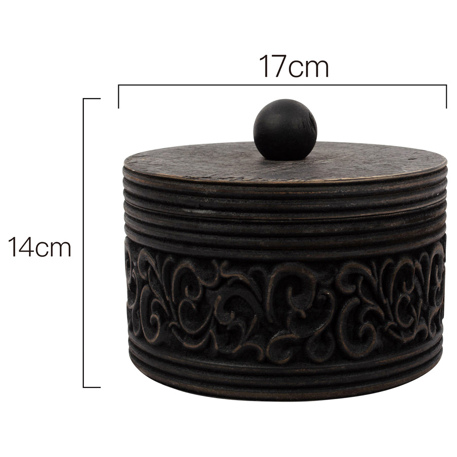 Wooden Nero Round Carved Trinket Box with Lid - 17x17x14cms