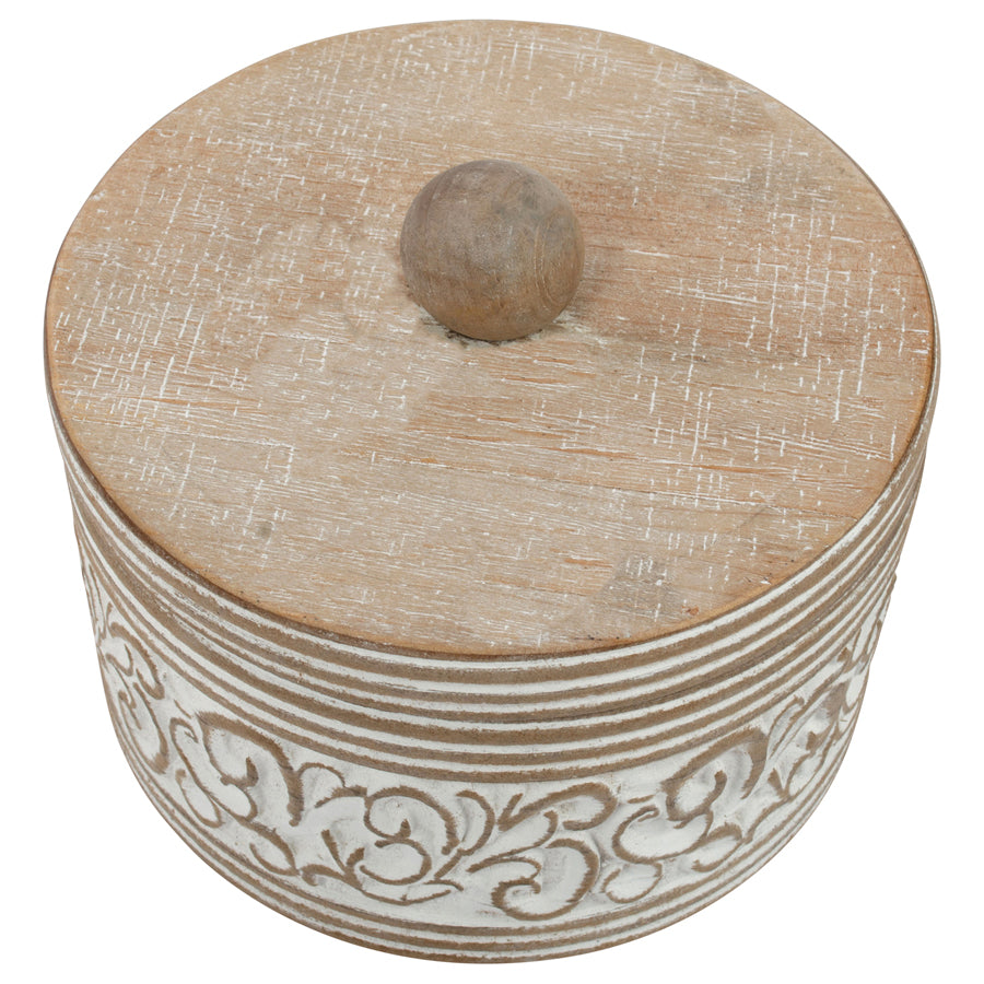 Wooden Round Carved White Trinket Box with Lid - 17x17x14cms