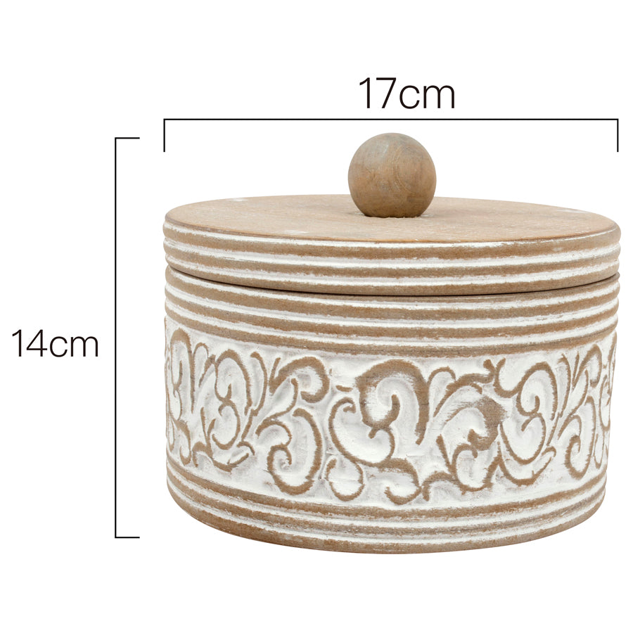 Wooden Round Carved White Trinket Box with Lid - 17x17x14cms