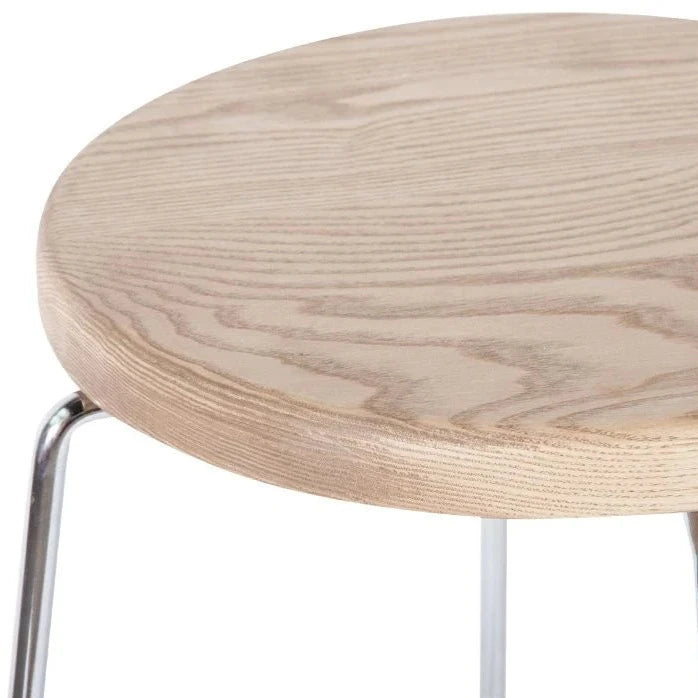 Wooden Round Seat Chrome Base Low Stool (Available in 2 Colors)