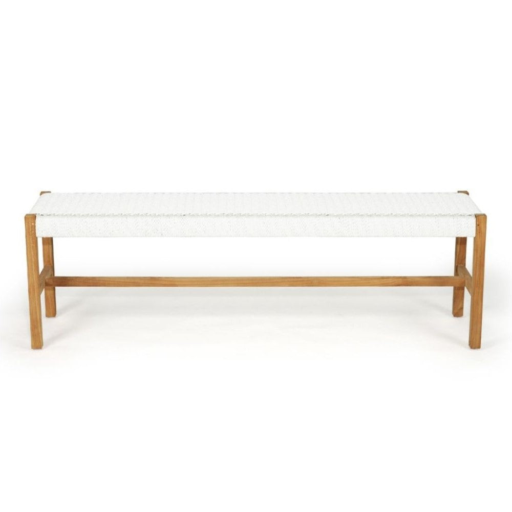 Woven Cord Top Teak Wood Bench - White