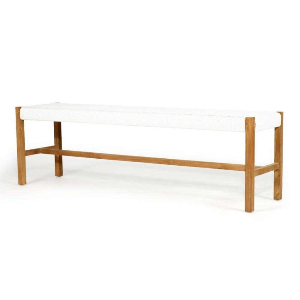 Woven Cord Top Teak Wood Bench - White