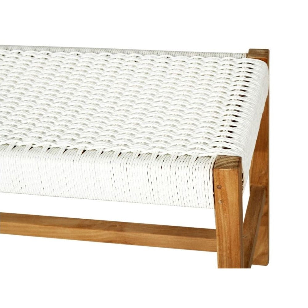 Woven Cord Top Teak Wood Bench - White