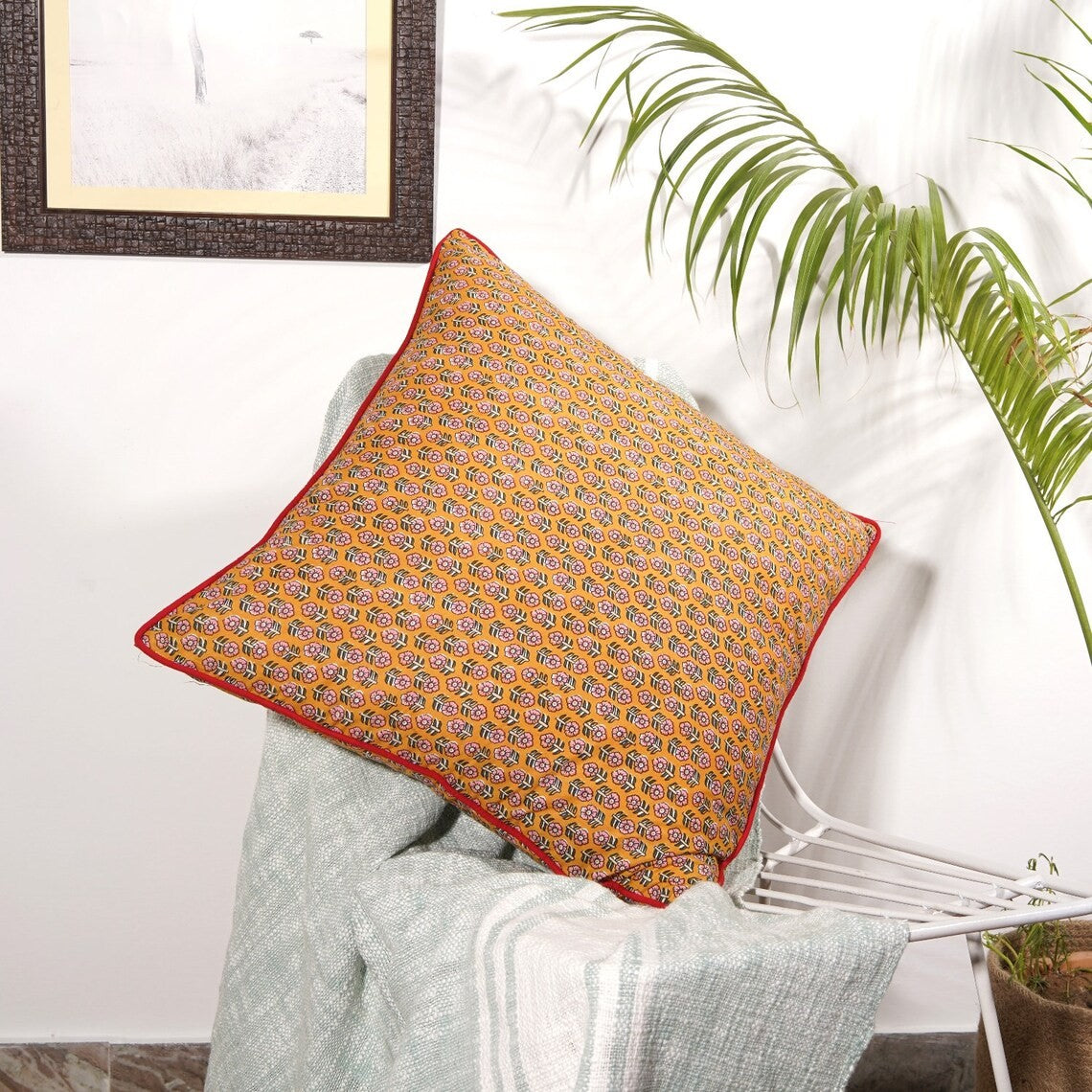 Yellow Floral Block Print Cotton Cushion Cover 50 x 50cms