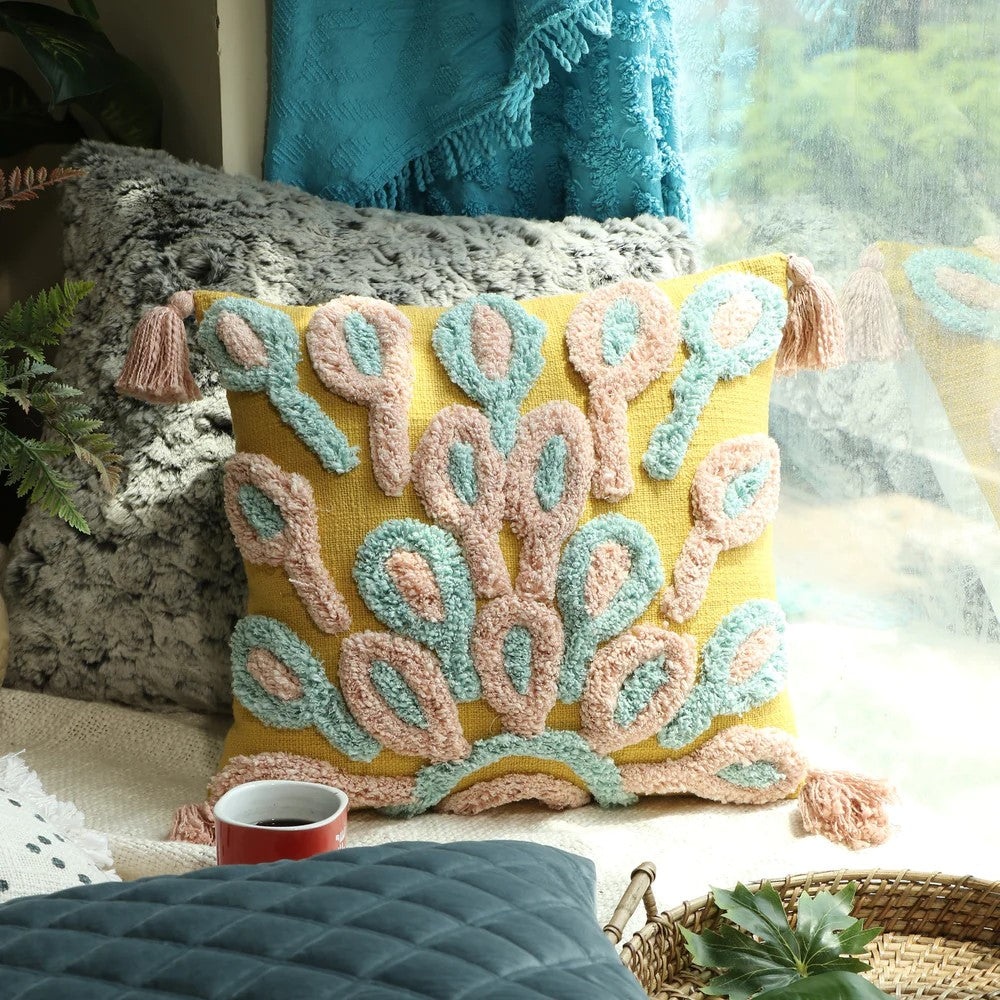 Yellow Peacock Inspired Hand Tufted Pillow Cover 50 x 50cms