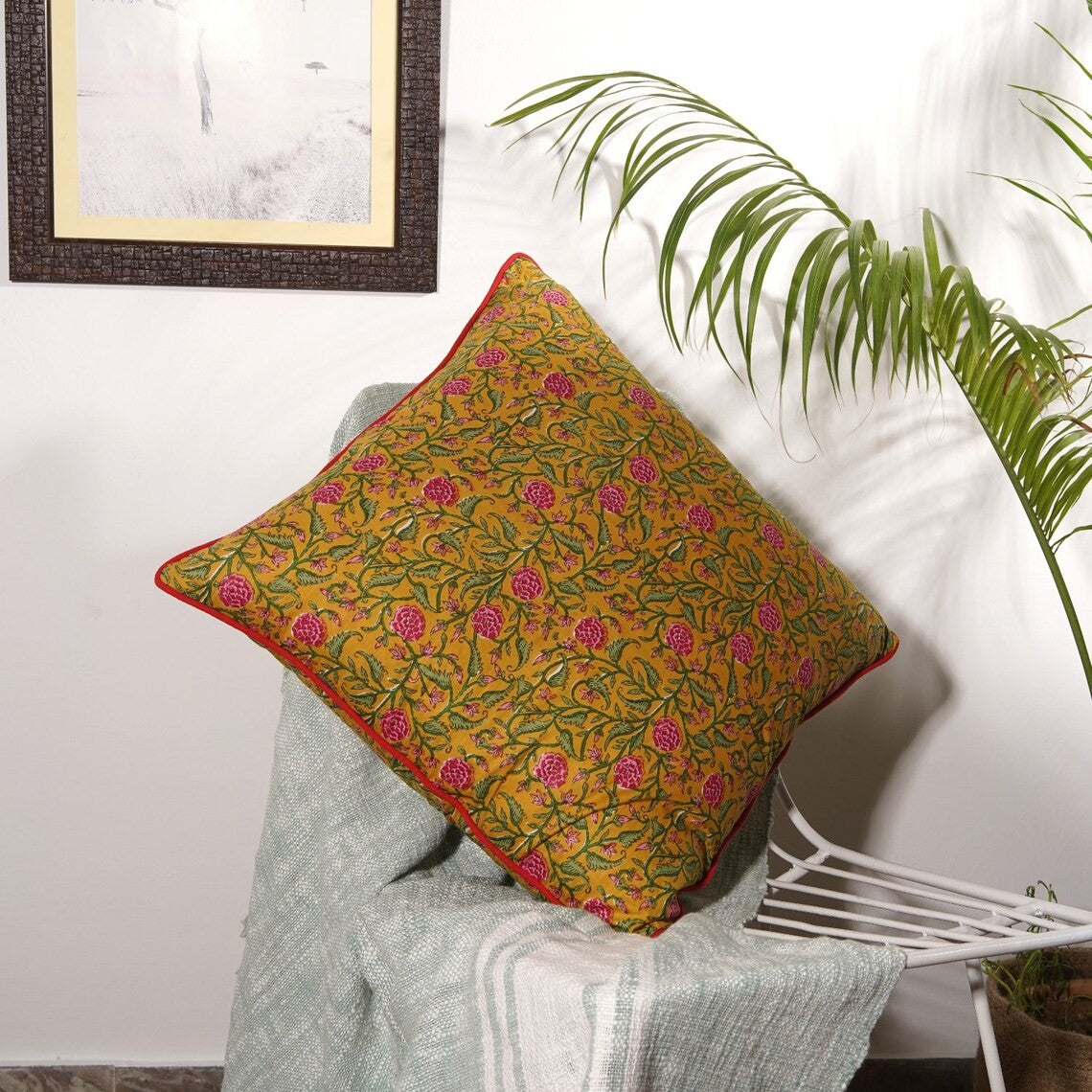 Yellow & Pink Floral Cotton Cushion Cover 50 x 50cms