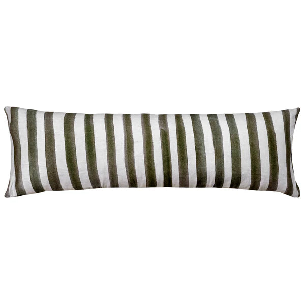 Ziggy Striped Khaki Green Long Lumbar Linen Cushion - 90X30cms