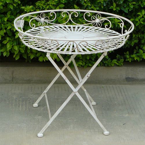 Round Distressed White Tray Side Table