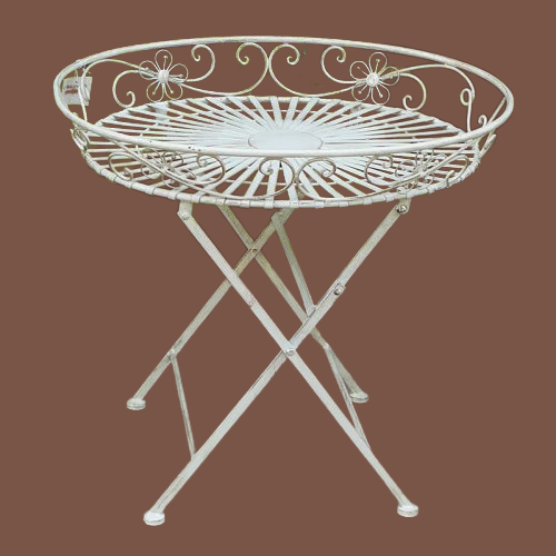 Round Distressed White Tray Side Table