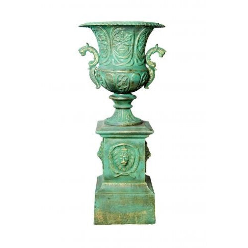 Dragon Handle Cast Iron Urn on Pedestal