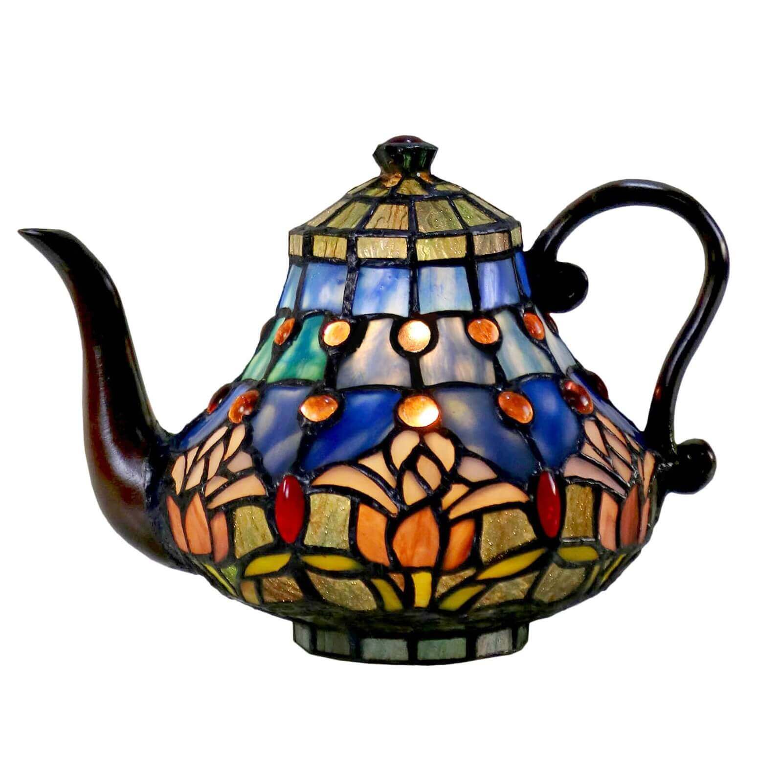 Purple Tulip Teapot Tiffany Stained Glass Table Lamp