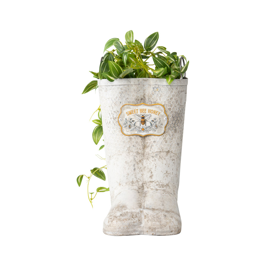 Sweet Bee Honey Gumboots Planter - Distressed White