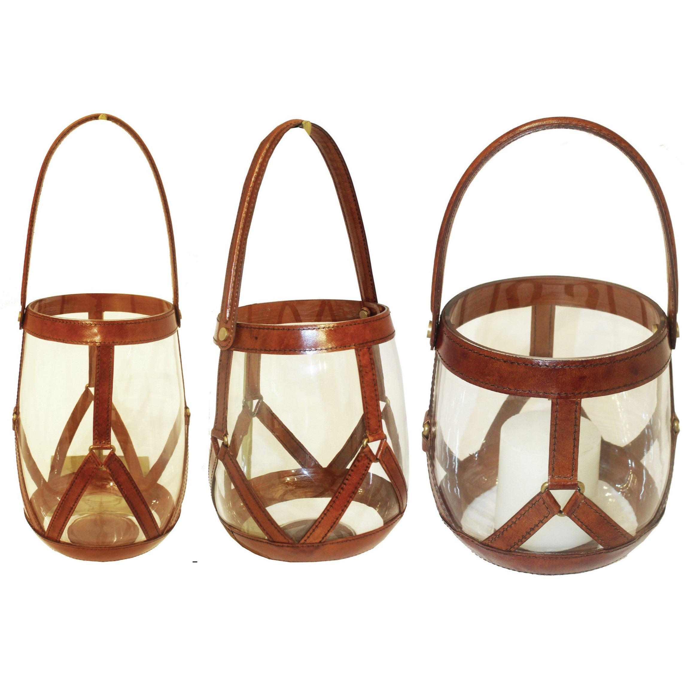 Set of 3 Tulip Bowl Leather Strips Hanging Hurricane Lamps