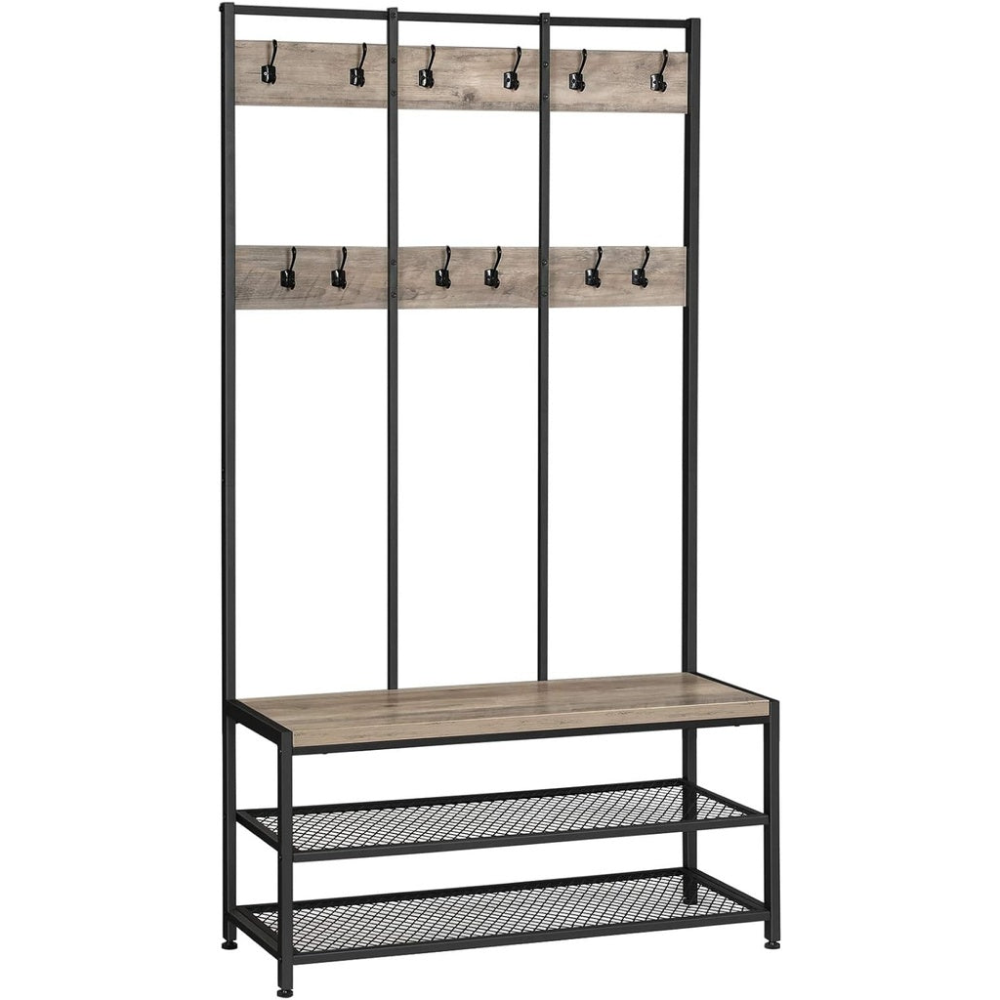 Large Coat Rack Stand with 12 Hooks - Greige and Black