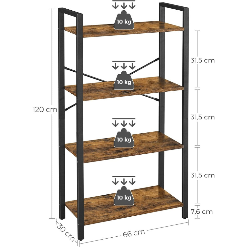 4-Tier Bookshelf Storage Rack with Steel Frame - Rustic Brown and Black