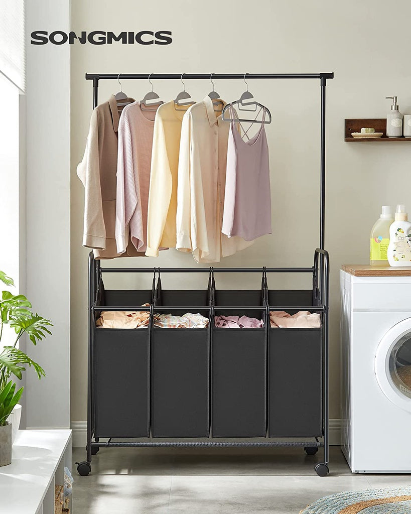 4-Bag Laundry Sorter Rolling Cart with Hanging Bar