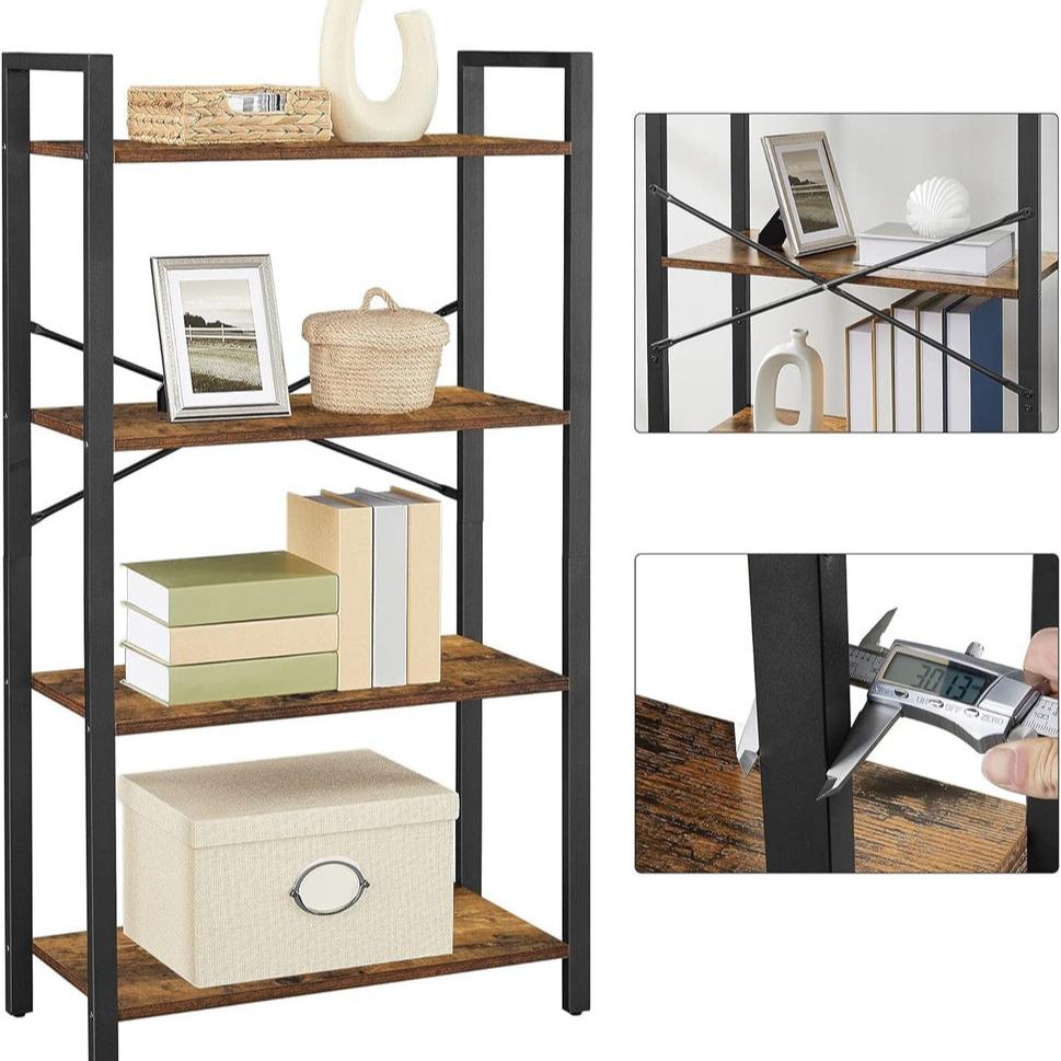 4-Tier Bookshelf Storage Rack with Steel Frame - Rustic Brown and Black