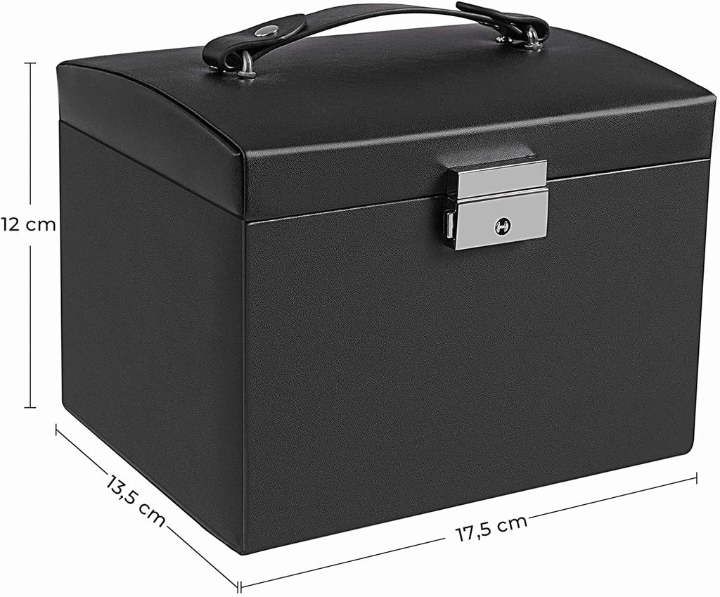 Lockable Jewellery Box Case with 2 Drawers and Mirror - Black