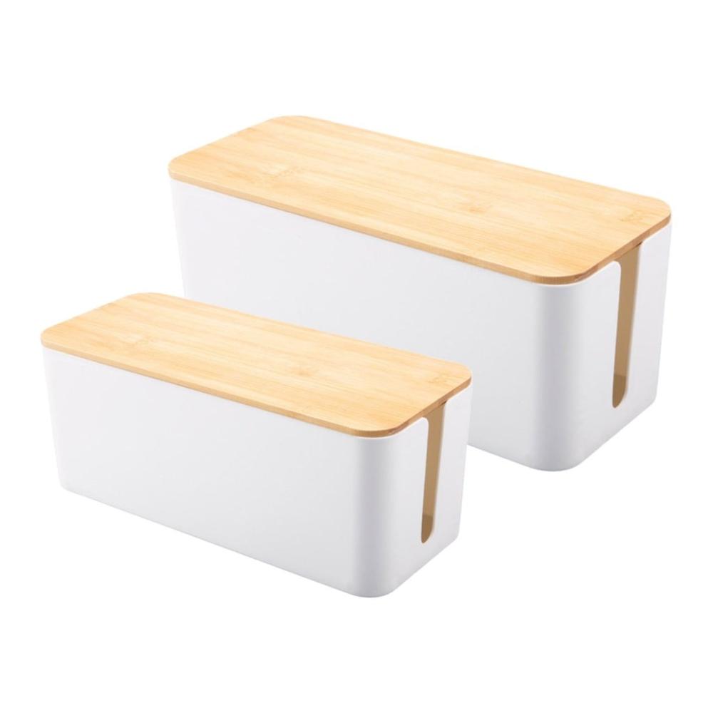 Set of Two Cable Management Box with Bamboo Lid (White)