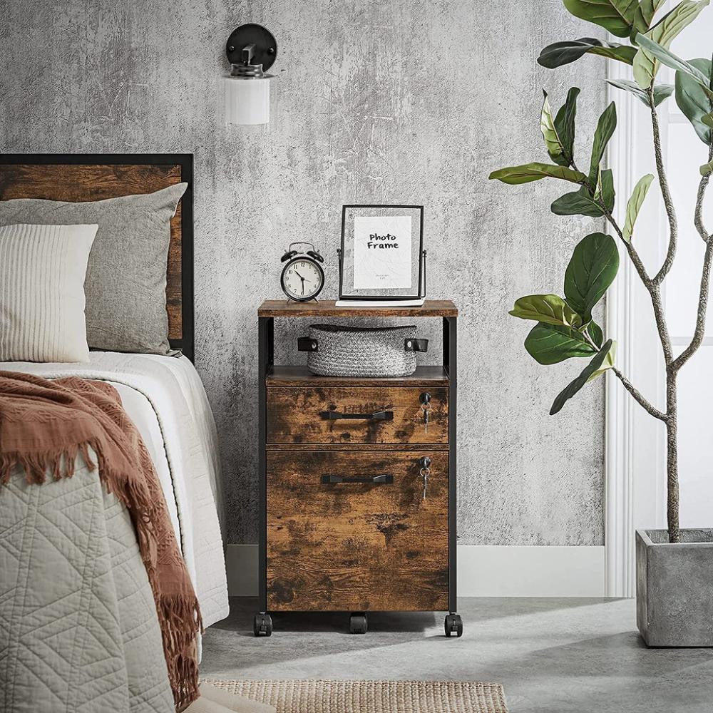 Office File Cabinet with 2 Lockable Drawers- Rustic Brown and Black