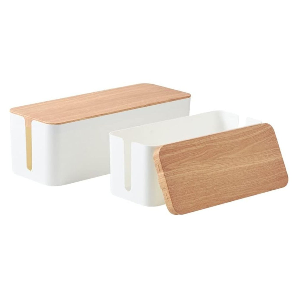 Set of Two Cable Management Box with Wood Pattern Lid - White