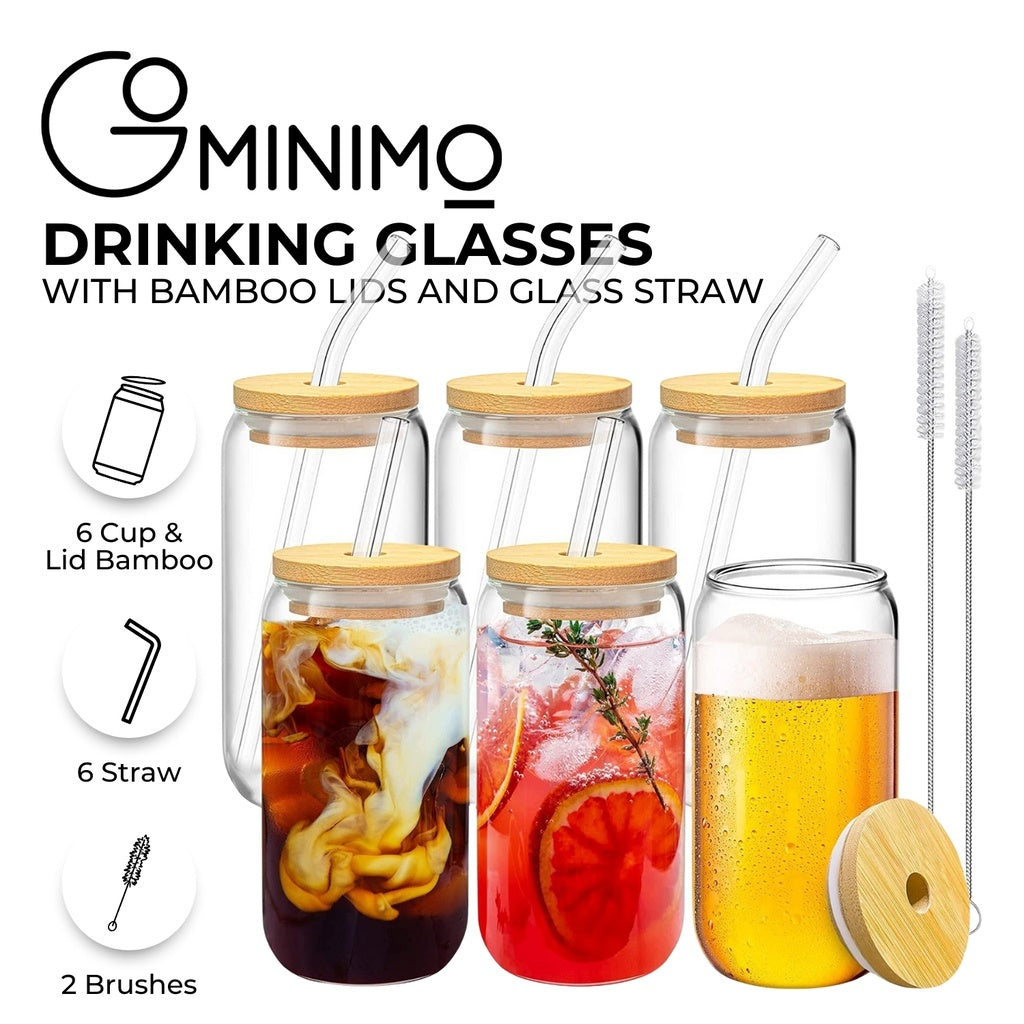 Clear Drinking Glasses with Bamboo Lids - 6 Pcs - 16 Oz