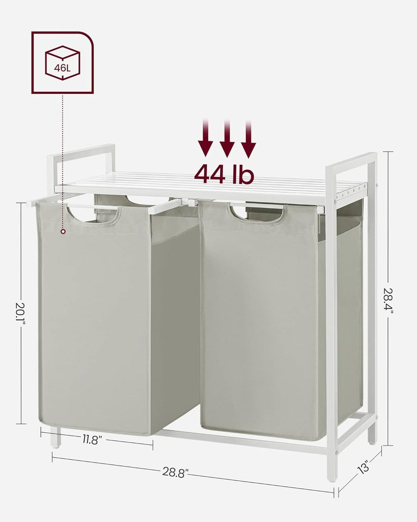 2 x 46L Laundry Hamper with Shelf - White