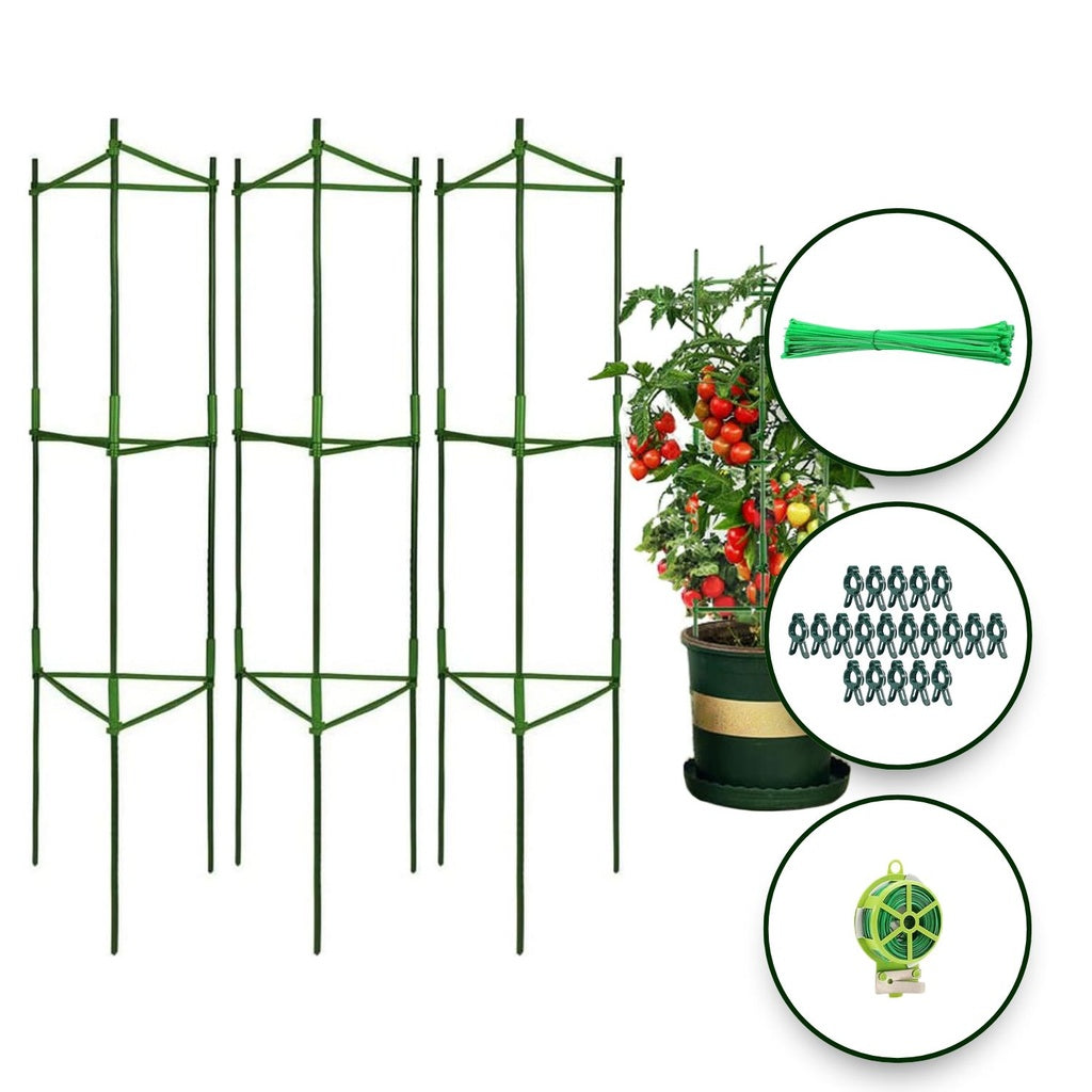 3 Sets Tomato Supports Cages with 20 Clips - Green