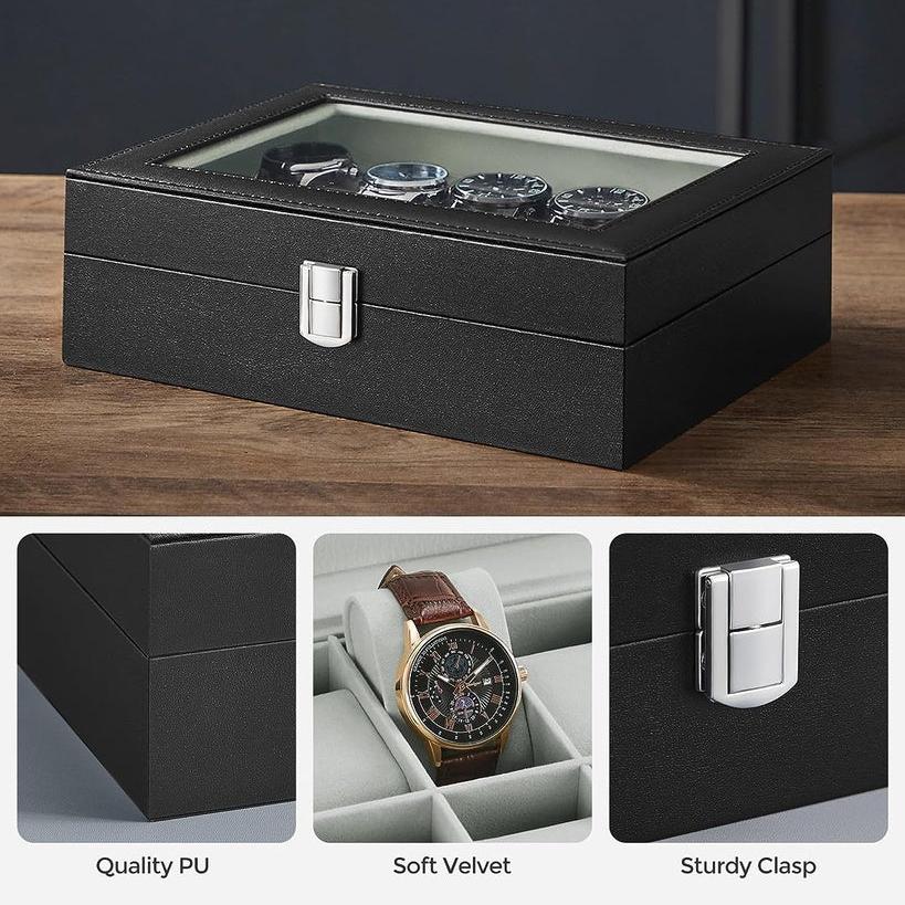 Watch Box for 10 Watches with Glass Lid